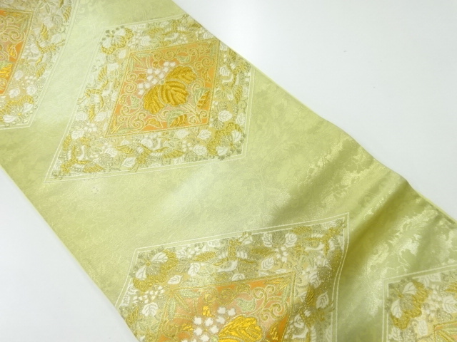 アンティーク　菱に桐・花喰鳥模様織出し袋帯（材料）